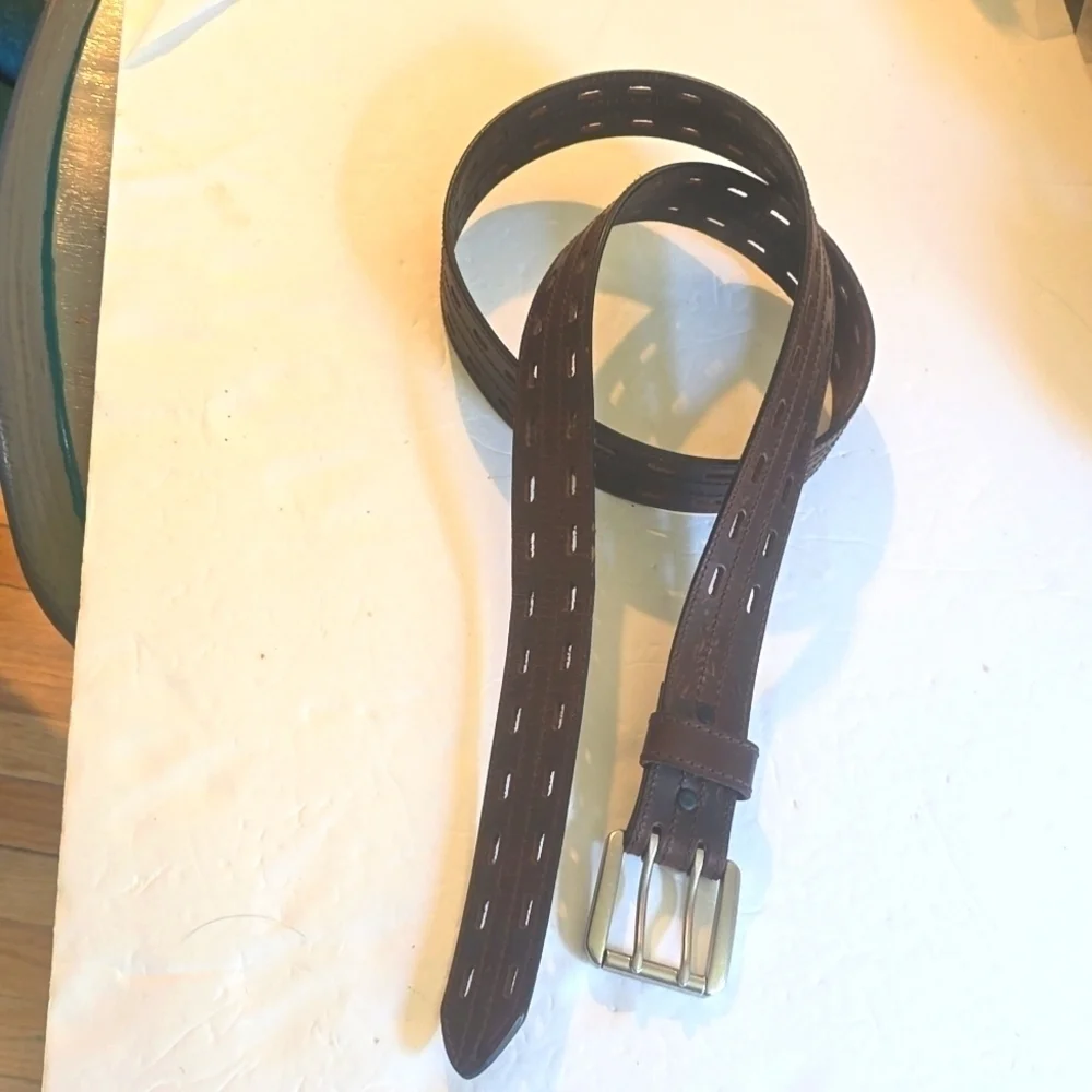 Vintage Brown Premium Leather Double Prong Silver Buckle Belt Sz.2X